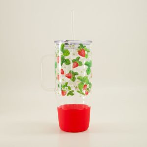 Strawberries Print Glass Tumbler with Straw